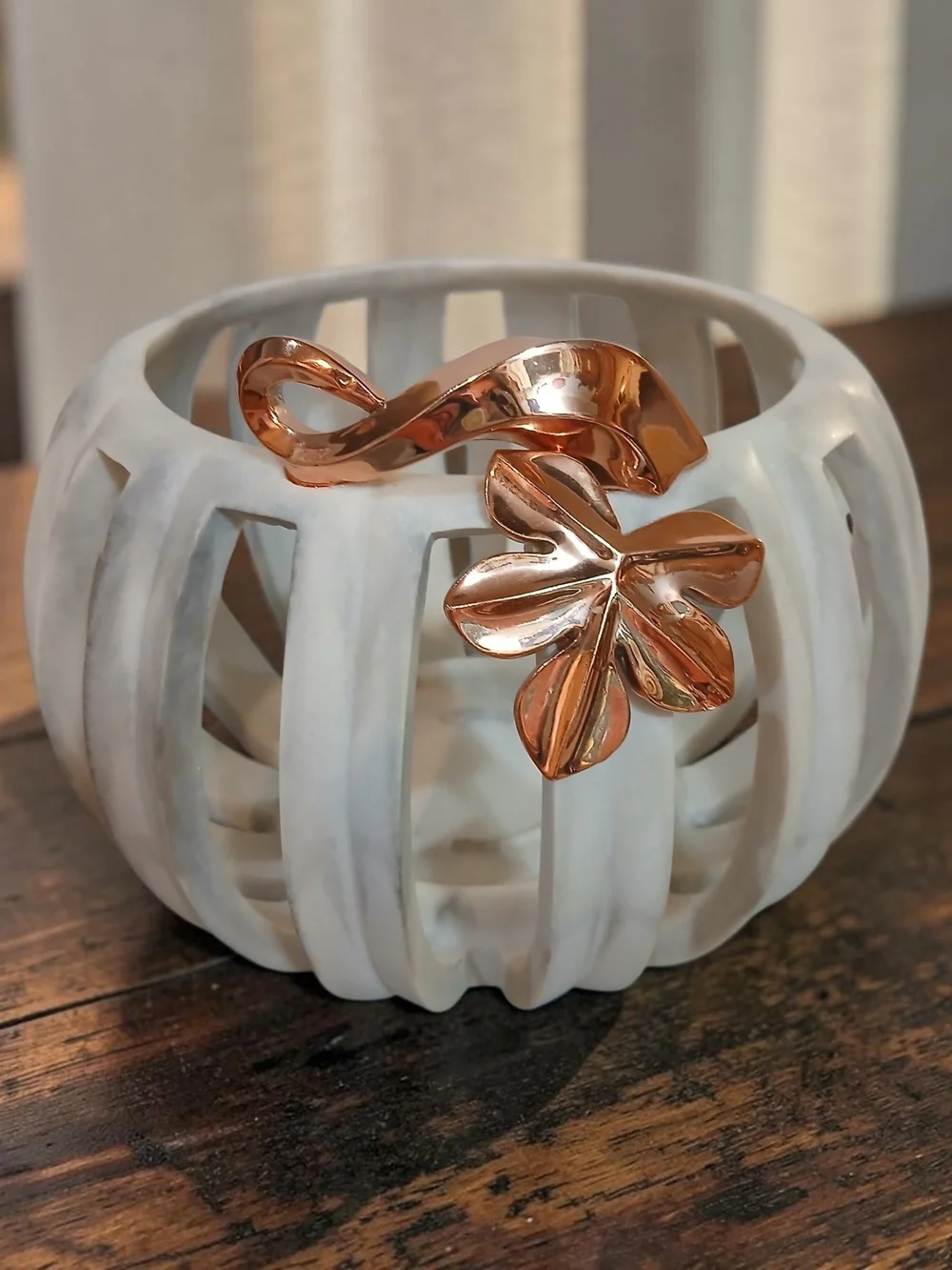 Marble Pumpkin With Rose Gold Floral Accented- Home Accents